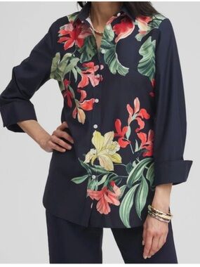 Floral-Print Navy Button-Up Shirt - Women's